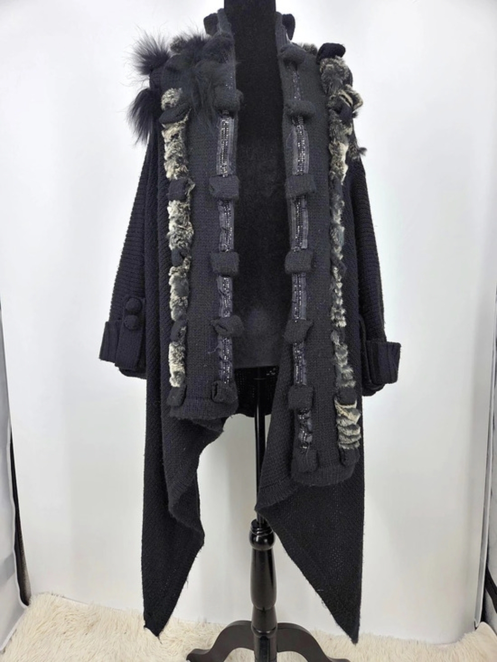 Vintage I.B. Diffusion Black Fur Trim Knit Poncho W/Rabbit Fur